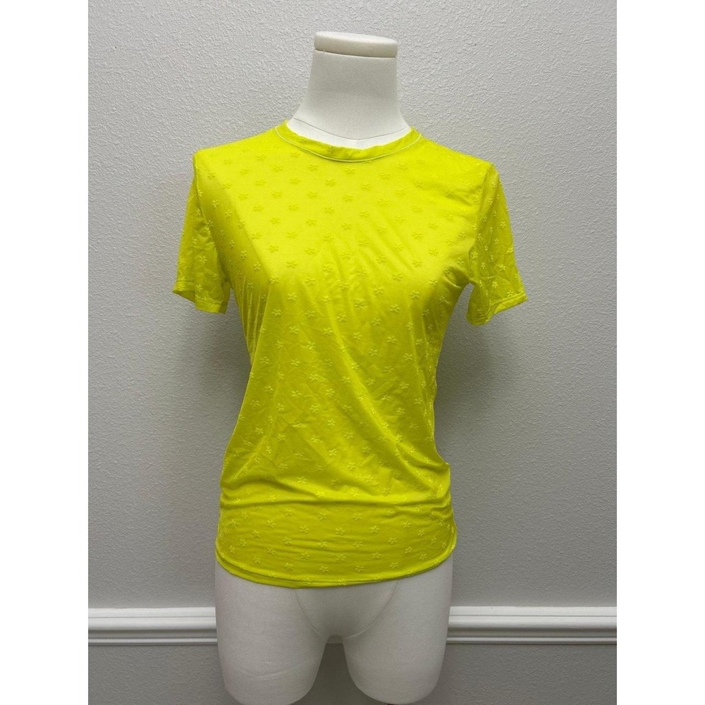 NWT PINK Victoria's Secret Neon Yellow Floral Eyelet Mesh Short Sleeve T-Shirt S